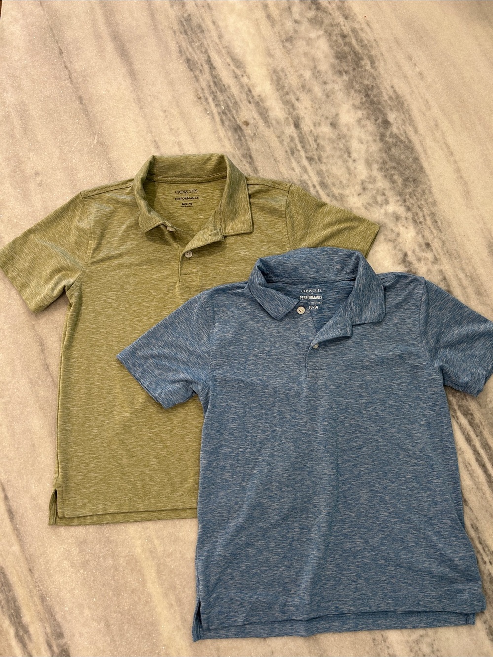Crewcuts Boys Performance Polos sz Medium 7/8 Heathered Green and Blue
